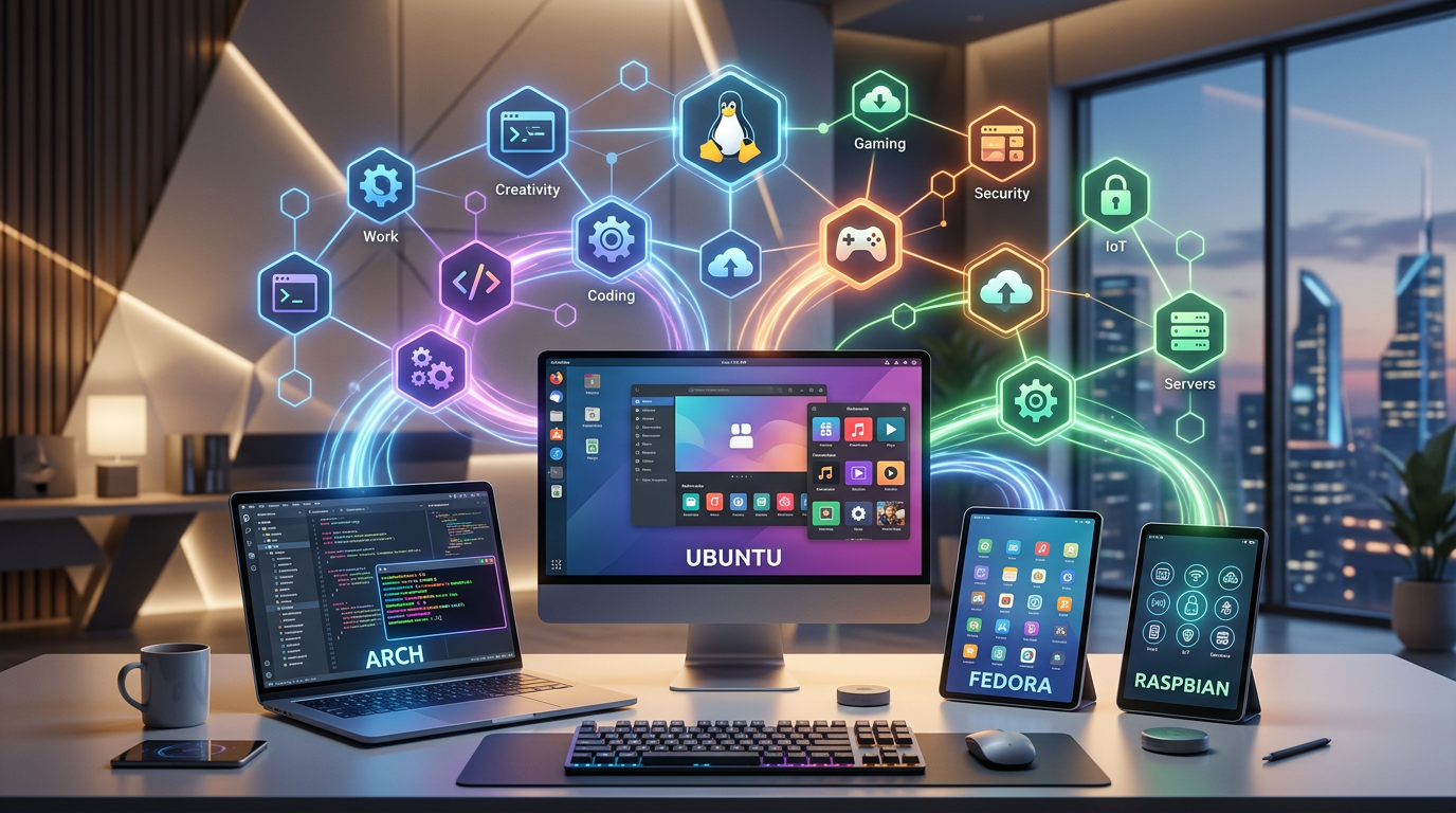 Laptop-Bildschirm mit bunten Logos der besten Linux distributionen für 2026.